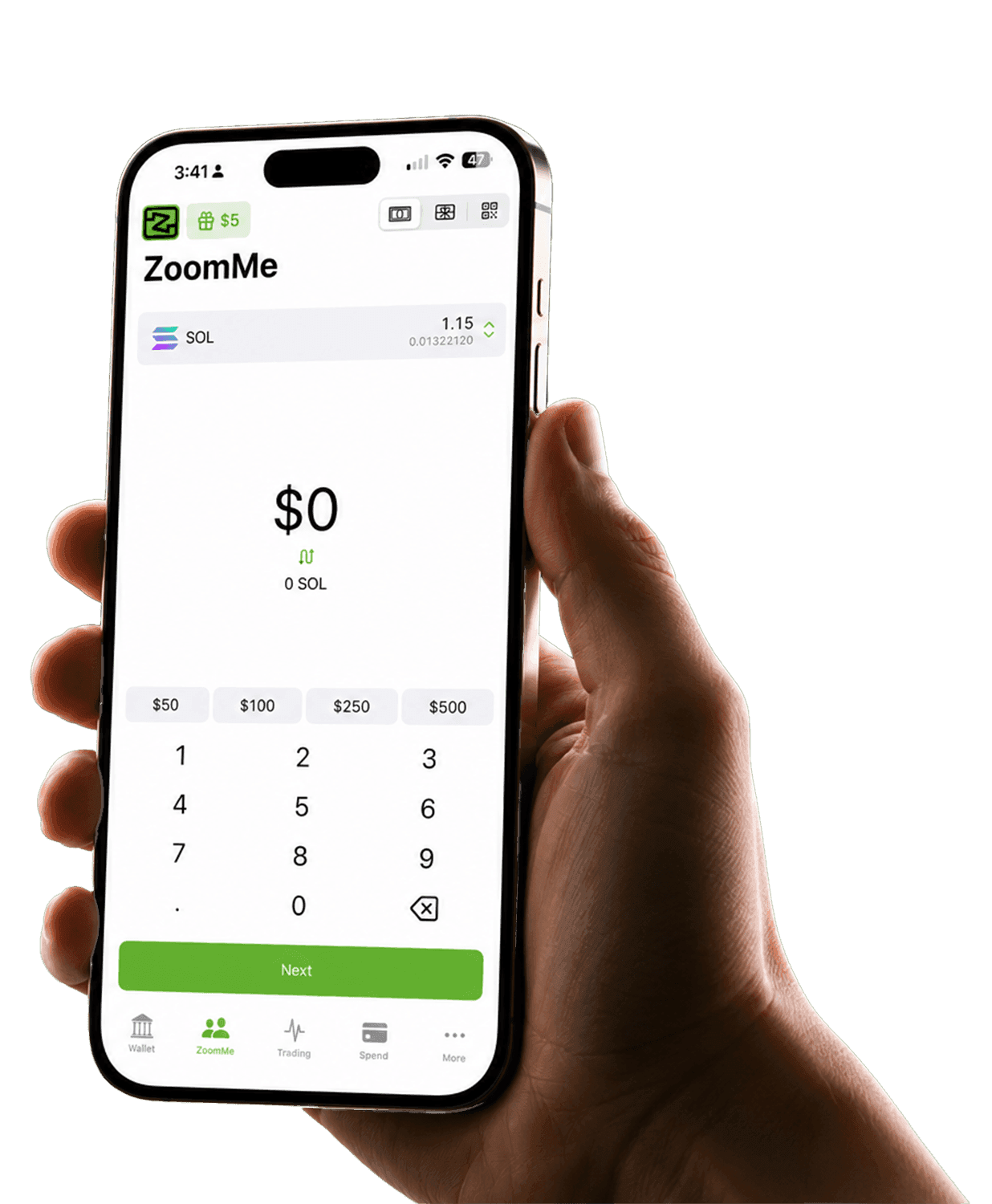 Hand holding CoinZoom app showing ZoomMe send screen
